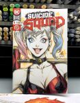  1girl art_tools_in_frame bare_shoulders blonde_hair blue_eyes breasts cleavage collarbone commentary cover_sketch dc_comics english_commentary gradient_hair highres holding holding_mallet large_breasts looking_at_viewer makeup mallet marker_(medium) multicolored_hair open_mouth photo_(medium) red_lips signature solo stanley_lau straight-on teeth traditional_media twintails upper_body upper_teeth_only wide-eyed 