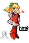  1girl android armored_boots artist_name black_sleeves blonde_hair blush_stickers boots capelet character_name commentary_request dress eddie_(mega_man) full_body green_eyes green_ribbon hair_between_eyes hair_ribbon hands_on_own_hips heart high_ponytail joints knee_boots lineart long_hair long_sleeves looking_at_viewer mechanical_boots mega_man_(classic) mega_man_(series) open_mouth petticoat pointing pointing_at_viewer ponytail raised_eyebrows red_boots red_dress ribbon robot_girl robot_joints roll_(mega_man) short_dress sidelocks simple_background solo teeth turtleneck unknown_showhey upper_teeth_only white_background white_capelet wide_sleeves 