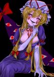  1girl blonde_hair bow breasts choker commentary_request dress elbow_gloves frilled_choker frills gap_(touhou) gloves hair_bow hat highres large_breasts long_hair looking_at_viewer mob_cap multiple_hair_bows open_mouth purple_dress purple_eyes red_bow red_ribbon ribbon sanagi2naritai4 sitting sleeve_bow smile solo touhou white_gloves white_hat yakumo_yukari 