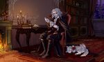  1boy absurdres alucard_(castlevania) black_boots black_cape black_coat black_pants bookshelf boots candle candlelight candlestand cape castlevania:_symphony_of_the_night castlevania_(series) chair character_doll character_request check_character check_copyright closed_eyes closed_mouth coat collared_shirt commentary_request copyright_request desk dog dolby doll dracula_(castlevania) english_text faux_retro_artstyle fireplace frown full_body highres indoors long_sleeves male_focus medium_hair night on_chair pants pixel_art retro_artstyle sewing shirt silk sitting skull spider_web study_(room) white_dog white_hair white_shirt window xiaohan_chulin yarn yarn_ball 