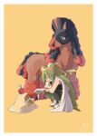  1girl alice_razu_rara asymmetrical_gloves black_eyes black_shirt border bright_pupils cape closed_eyes closed_mouth commentary_request dated double_bun eyelashes gloves green_hair green_pants ground_miku_(project_voltage) ground_type_theme_(pokemon) hair_between_eyes hair_bun hatsune_miku highres long_hair mismatched_gloves mudsdale orange_eyes pants pokemon pokemon_(creature) project_voltage sand sandygast shirt shoes shovel signature smile squatting very_long_hair vocaloid white_border white_cape white_pupils white_shoes yellow_background yellow_pupils 