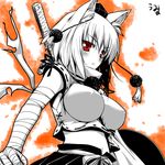  animal_ears bandages blush breasts covered_nipples hat highres impossible_clothes impossible_shirt inubashiri_momiji large_breasts midriff monochrome red_eyes shield shirt short_hair solo spot_color sword tokin_hat touhou umyonge_(lkakeu) upper_body weapon wolf_ears 