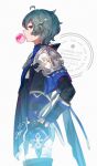  1boy ahoge armor belt belt_collar black_belt black_gloves blowing_bubble_gum blue_shirt chewing_gum choker coat collar collared_shirt commentary_request earrings from_side genshin_impact gloves green_hair hand_on_own_hip highres jagabokkuru jewelry lohen_(genshin_impact) long_sleeves looking_at_viewer looking_to_the_side male_focus multicolored_eyes pants shirt short_hair shoulder_armor signature single_earring solo twitter_username white_background white_pants 