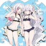  2girls :d absurdres alternate_costume bare_shoulders bikini black_ribbon blue_background blue_bikini bow character_name closed_mouth collarbone colored_tips commentary_request cowboy_shot frilled_bikini frills grid hair_bow hair_over_one_eye hair_ribbon heterochromia highres holding_hands jogasaki_noah long_hair looking_at_viewer mahou_shoujo_no_majo_saiban multi-tied_hair multicolored_hair multiple_girls natsume_an-an navel open_mouth polka_dot polka_dot_bow purple_eyes red_eyes ribbon see-through_hair siocm smile streaked_hair swimsuit white_bikini white_hair yellow_eyes 