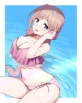  1girl asymmetrical_sidelocks bare_arms bare_shoulders bikini blue_eyes border breasts bright_pupils brown_hair cleavage collarbone commentary_request cowboy_shot frilled_bikini frills gakuen_idolmaster hair_behind_ear hand_up highres himesaki_rinami hyoe_(hachiechi) idolmaster large_breasts leaning_to_the_side light_blush long_hair looking_at_viewer navel open_mouth outside_border parted_bangs pink_bikini see-through_frills shallow_water side-tie_bikini_bottom sidelocks sitting smile solo swimsuit water wet white_pupils 