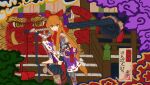  1girl absurdres arm_tattoo armor barefoot blunt_bangs bow brown_horns chain club_(weapon) commentary_request cuffs cup gourd hair_bow helmet highres holding holding_gourd horn_bow horn_ornament horn_ribbon horns ibuki_suika japanese_armor kabuto_(helmet) kanabou leg_tattoo leg_up oni orange_eyes orange_hair over_shoulder ribbon ribbon-trimmed_skirt ribbon_trim ritsuzou sakazuki shackles stairs tassel tattoo tattoo_sleeve touhou traditional_youkai weapon weapon_over_shoulder weapon_tassel xiangyun 