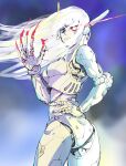  1other android black_magic_m-66 blood blood_on_hand blue_eyes claws commentary_request cowboy_shot glowing glowing_eye hair_flowing_over hands_on_own_hips highres laser long_hair looking_at_viewer looking_back m-66 mechanical_arms mechanical_legs red_eyes tamakoshi_hiroyuki white_hair 