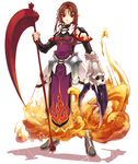  armor armored_dress boots brown_hair claws dress elf fire full_body gloves hirano_katsuyuki hiro_(spectral_force) holding holding_scythe official_art pointy_ears red_eyes scythe short_hair solo spectral_(series) spectral_force spectral_souls tabard white_background 