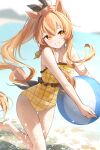  1girl alternate_costume animal_ears ball bare_shoulders beach beachball blush bow breasts brown_bow casual_one-piece_swimsuit commentary_request covered_navel grin hair_between_eyes highres holding holding_ball holding_beachball horse_ears horse_girl horse_tail long_hair looking_at_viewer mayano_top_gun_(umamusume) meyamu ocean one-piece_swimsuit open_mouth orange_eyes orange_hair outdoors ponytail small_breasts smile solo swimsuit tail teeth umamusume water yellow_one-piece_swimsuit 