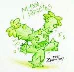  artist_name claws commentary dated english_commentary full_body green_theme highres horns maractus monochrome motion_lines musical_note no_humans open_mouth pokedex_number pokemon pokemon_(creature) pokemon_focus single_horn smile solo spikes traditional_media white_background zerokirbyarts 
