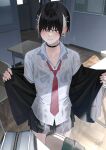  1girl aki_(rerrere) bag black_bra black_cardigan black_hair black_skirt bra bra_visible_through_clothes breasts cardigan chair closed_mouth cross cross_earrings desk diagonal-striped_clothes diagonal-striped_necktie ear_piercing earrings hair_ornament hairclip highres indoors jewelry multicolored_hair necktie open_cardigan open_clothes original piercing pleated_skirt red_necktie rerrere school_bag school_chair school_desk school_uniform see-through_clothes see-through_shirt shirt signature skirt small_breasts solo striped_clothes striped_necktie two-tone_hair underwear wet wet_clothes wet_shirt white_hair wooden_floor 