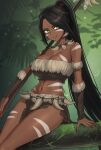  1girl bandeau bare_shoulders black_hair body_markings breasts brown_bandeau brown_skirt cleavage commentary_request dark-skinned_female dark_skin detached_sleeves forehead_jewel fur_trim green_eyes hayabusa_(vert_320) high_ponytail highres jewelry large_breasts league_of_legends long_hair looking_at_viewer navel necklace parted_bangs polearm ponytail skirt smile solo spear thighs tooth_necklace weapon 