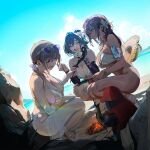  3girls animal aqua_hair artist_request beach bikini bird blonde_hair blue_sky breasts campfire cleavage closed_eyes colored_inner_hair dark-skinned_female dark_skin day eyewear_on_head fire fish food game_asset goddess_of_victory:_nikke hair_intakes hair_ornament highres holding holding_animal holding_fish holding_food large_breasts laughing little_mermaid_(nikke) little_mermaid_(shell_princess)_(nikke) multicolored_hair multiple_girls naga_(nikke) naga_(ring_ensemble)_(nikke) non-web_source o-ring o-ring_bikini official_alternate_costume official_alternate_hairstyle official_art open_mouth outdoors penguin sand sea_stars shell shell_hair_ornament silver_bikini sky smile squatting sunglasses swimsuit tia_(nikke) tia_(sea_lizzie)_(nikke) water white_bikini 