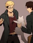  2boys animal belt black_belt black_coat black_pants brown_eyes cat christophe_giacometti coat edo_mond_(edoedoedomond) glasses green_eyes grey_background holding holding_animal holding_cat looking_at_animal male_focus midriff_peek multiple_boys pants phichit_chulanont red_shirt shirt simple_background undercut yuri!!!_on_ice 