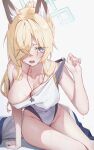  1girl absurdres animal_ear_fluff animal_ears blonde_hair blue_archive blue_halo breasts collarbone commentary competition_swimsuit covered_nipples dog_ears dog_girl hair_over_one_eye halo highleg highleg_one-piece_swimsuit highres kanna_(blue_archive) kanna_(swimsuit)_(blue_archive) large_breasts long_hair looking_at_viewer matutake_777 notched_ear one-piece_swimsuit open_mouth ponytail sharp_teeth sitting solo swimsuit teeth whistle whistle_around_neck white_one-piece_swimsuit 