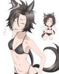  1girl absurdres air_shakur_(umamusume) animal_ears bikini black_bikini black_hair blush breasts check_translation chibi chibi_inset commentary_request eyebrow_piercing face_piercing highres horse_ears horse_girl horse_tail long_hair low_twintails minami_(y-r-h998d) navel open_mouth piercing sharp_teeth simple_background small_breasts swimsuit tail teeth translation_request twintails umamusume upper_body white_background yellow_eyes 