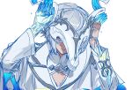  1boy blindfold_mask blue_gem brooch cape cleavage_cutout closed_mouth clothing_cutout covered_eyes crystallization elsword facing_viewer gem hands_up horned_mask jewelry lapels long_sleeves male_focus mandarin_collar mask material_growth noah_ebalon notched_lapels nyx_pieta_(elsword) phony_(cevio) rabbit_pose robe shards short_hair silver_trim simple_background smile solo suaviterra upper_body white_background white_cape white_hair white_mask white_robe 
