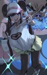  1girl :d absurdres alternate_breast_size_(larger) alternate_color bag blue_eyes bright_pupils brown_hair commentary_request double_bun emboar hair_bun highres holding holding_poke_ball long_hair open_mouth ossan_056 pantyhose pink_bag poke_ball poke_ball_(basic) pokemon pokemon_(creature) pokemon_black_2_and_white_2 rosa_(pokemon) shiny_pokemon shirt shoes shorts smile sparkle teeth twintails upper_teeth_only visor_cap white_pupils yellow_shorts 