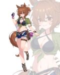  1girl absurdres agnes_tachyon_(lunatic_lab)_(umamusume) agnes_tachyon_(umamusume) ahoge animal_ears bikini black_bikini black_gloves blue_shorts bracelet breasts brown_hair cleavage commentary criss-cross_halter cutoffs english_commentary flask full_body gloves green_jacket grin hair_between_eyes halterneck highres holding holding_test_tube horse_ears horse_girl horse_tail huge_ahoge jacket jewelry kii-kun_(agnes_tachyon)_(umamusume) looking_at_viewer medium_breasts nanaken_(qijian23092715) navel official_alternate_costume open_fly red_eyes round-bottom_flask sandals short_shorts short_sleeves shorts simple_background single_glove smile solo standing standing_on_one_leg stomach swimsuit tail test_tube thigh_strap tied_jacket umamusume white_background zoom_layer 