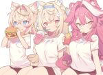  3girls ahoge animal_ears bandaid bandaid_hair_ornament black_shorts blonde_hair blue_eyes blue_hair blue_hairband breasts burger cheese closed_mouth commentary crumbs cup disposable_cup dog_ears dog_girl dog_tail drinking_straw eating fingernails food french_fries fuwawa_abyssgard hair_intakes hair_ornament hairband highres hololive hololive_english large_breasts lettuce long_hair looking_at_viewer medium_hair mococo_abyssgard multicolored_hair multiple_girls onlyhakua panther_ears panther_girl panther_tail pink_eyes pink_hair pink_hairband pink_tail raora_panthera shirt short_sleeves shorts simple_background spiked_hairband spikes streaked_hair t-shirt tail thighs tomato tomato_slice two_side_up virtual_youtuber white_background white_shirt yellow_eyes yellow_tail 