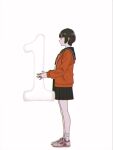  1girl absurdres black_sailor_collar black_skirt character_request commentary_request from_side full_body higashiyama_shou highres holding jacket official_art orange_jacket pleated_skirt promotional_art sailor_collar school_uniform shoes simple_background skirt sneakers socks solo standing undark:_atarashii_toumei_na_chikara_no_subete white_background white_socks 