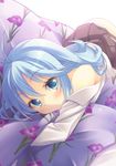  :o antenna_hair bare_shoulders blue_eyes blue_hair blush denpa_onna_to_seishun_otoko floral_print long_hair looking_at_viewer lying nanashi_(soregashi) off_shoulder open_mouth petticoat pillow pillow_hug skirt solo staring touwa_erio 