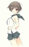  bad_id bad_pixiv_id bare_shoulders brown_hair casual miyanaga_saki open_mouth red_eyes saki short_hair skirt sleeveless smile solo tokumi_yuiko 