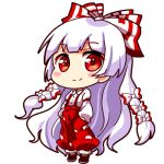  1girl border bow chibi chibi_only closed_mouth collared_shirt commentary fujiwara_no_mokou full_body hair_bow hands_in_pockets long_hair long_sleeves lowres multiple_hair_bows one-hour_drawing_challenge pants red_eyes red_pants renren_(ah_renren) shirt simple_background smile solo standing suspenders touhou very_long_hair white_background white_border white_shirt 