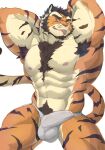  1boy abs armpit_hair armpits arms_behind_head bara bulge chest_hair erection erection_under_clothes fangs furry furry_male heterochromia highres lee_taeho_(xxl) looking_at_viewer male_focus male_underwear muscular muscular_male navel nipples pectorals sere_(serenaught) tongue tongue_out topless_male underwear white_background white_male_underwear xxl_woofia 
