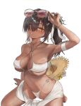  1girl absurdres age_difference arm_strap bare_shoulders bikini blush bow breasts brown-tinted_eyewear brown_eyes brown_hair cleavage commentary_request dark-skinned_female dark_skin eyepatch_bikini eyewear_on_head goddess_of_victory:_nikke hair_bow hair_over_one_eye hat highres large_breasts long_hair looking_at_viewer mnmn_0617 naga_(nikke) naga_(ring_ensemble)_(nikke) navel o-ring o-ring_bikini official_alternate_costume simple_background solo straw_hat sun_hat sunglasses sweat swimsuit tinted_eyewear wet white_bikini white_bow 