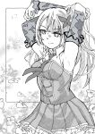  1girl absurdres armpits arms_behind_head arms_up assault_lily braid breasts butterfly_hair_ornament closed_mouth collared_shirt commentary_request cowboy_shot crossed_arms detached_sleeves floral_background floral_print flower frilled_skirt frilled_sleeves frills funada_kiito greyscale hair_lift hair_ornament highres inset_border long_hair looking_ahead medium_breasts miniskirt monochrome naganuki_shiki necktie odaiba_girls_high_school_uniform outside_border pleated_skirt print_sleeves school_uniform see-through_clothes see-through_sleeves shirt side_braid single_braid skirt sleeveless sleeveless_shirt smile solo standing white_background 