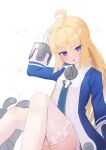  1girl ahoge blonde_hair blue_jacket blush commentary gloves hand_on_own_head highres jacket kasiro long_hair looking_at_viewer norma_hollowell open_mouth purple_eyes simple_background sitting solo thighhighs very_long_hair white_background white_gloves white_thighhighs zenless_zone_zero 
