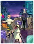  1boy 2girls absurdres bare_shoulders black_pantyhose black_robe black_shoes blonde_hair blue_eyes blue_socks building clain_(fractale) dress fractale full_body hidari_(left_side) highres holographic_interface juliet_sleeves long_hair long_sleeves multiple_girls nessa_(fractale) official_art on_stairs open_mouth outdoors pantyhose phryne_(fractale) puffy_sleeves purple_hair robe scan shirt shoes short_hair skyscraper socks stairs third-party_source twintails white_dress white_shirt 
