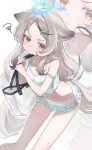  1girl animal_ear_fluff animal_ears bag bare_shoulders bikini bikini_skirt black_streaks blue_archive blue_halo blush breasts cleavage closed_mouth commentary_request cowboy_shot forehead frills grey_hair hair_ornament hairclip halo highres kokona_(blue_archive) kokona_(swimsuit)_(blue_archive) leaning_forward long_hair looking_at_viewer multicolored_hair navel official_alternate_costume orange_eyes plaid_bikini plaid_clothes ponte_irai pout shoulder_bag small_breasts solo squiggle stomach streaked_hair sweat swimsuit very_long_hair zoom_layer 