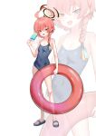  1girl absurdres ahoge asymmetrical_hair black_halo blue_archive blue_one-piece_swimsuit braid breasts commentary_request competition_swimsuit food full_body halo highres huge_ahoge innertube looking_at_viewer mole mole_under_each_eye mole_under_eye multiple_moles neru_(blue_archive) one-piece_swimsuit orange_hair popsicle red_eyes sandals seoly_ouo short_hair single_braid small_breasts smile solo swim_ring swimsuit tag zoom_layer 