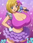  1girl 4boys absurdres alternate_breast_size_(larger) blonde_hair blue_eyes boots breasts cleavage commentary_request dancer gloves hair_ornament highres hitokiwa_kenchin hitting holding holding_microphone huge_breasts idol idol_rena large_breasts microphone midriff multiple_boys purple_background purple_boots purple_shirt purple_skirt rhythm_tengoku rhythm_tengoku_miracle_stars shirt short_hair short_sleeves skirt smile space_dancers star_(symbol) thick_thighs thighs 
