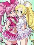  blonde_hair blue_eyes bow brooch choker cure_melody cure_rhythm green_eyes heart holding_hands homing_(areya) houjou_hibiki jewelry magical_girl midriff minamino_kanade multiple_girls navel panties pink_bow pink_choker pink_hair pink_legwear ponytail precure suite_precure thighhighs twintails underwear white_choker 