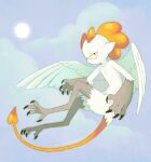  1other art_fight_attack artist_name blonde_hair blue_sky body_fur cloud colored_sclera commentary dated demon_tail english_commentary feathered_wings feathers flying from_side full_body gift_art harpy_boy highres horns jejejunum monster_boy original other_focus outdoors pointy_ears sky sun tail talons white_feathers wings yellow_horns yellow_sclera yellow_tail 