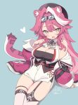  1girl animal_ears ascot bare_shoulders beret black_hat blue_background blue_gem blush breasts coat collared_shirt commentary gem goggles goggles_on_head hair_intakes hat highres hololive hololive_english jewelry large_breasts long_hair looking_at_viewer multicolored_hair onlyhakua open_clothes open_coat open_mouth panther_ears panther_girl panther_tail pink_coat pink_hair pink_tail raora_panthera raora_panthera_(1st_costume) shirt shorts signature simple_background sitting sleeveless sleeveless_shirt smile solo streaked_hair tail thighhighs thighs two-tone_hair virtual_youtuber white_ascot white_hair white_shirt white_shorts white_thighhighs yellow_eyes 