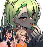  3girls ahoge antlers applying_lipstick applying_makeup artist_name black_hair blue_hair braid brown_hair ceres_fauna colored_inner_hair commentary cosmetics demon_horns english_commentary english_text gigi_murin ginotty green_hair hair_between_eyes heart highres holding holding_lipstick_tube hololive hololive_english horns lipstick lipstick_mark lipstick_tube long_hair looking_at_viewer looking_down looking_up low_twintails makeup mole mole_under_eye multicolored_hair multiple_girls nerissa_ravencroft nerissa_ravencroft_(1st_costume) open_mouth pink_eyes red_lips simple_background single_braid smile teeth twintails two-tone_hair white_background yellow_eyes yuri 