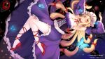  1girl arm_behind_head armpits arms_up artist_name blonde_hair bow breasts bug butterfly character_name choker dasoey dated detached_sleeves disembodied_linked_eye dress full_body gap_(touhou) hair_bow hat high_heels highres large_breasts leg_ribbon long_hair long_sleeves looking_at_viewer mob_cap multiple_hair_bows pantyhose purple_dress purple_eyes red_bow red_ribbon red_shoes ribbon ribbon_choker shoes sleeveless sleeveless_dress solo touhou very_long_hair white_hair white_pantyhose yakumo_yukari 