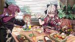  3girls black_gloves black_jacket black_necktie blue_eyes colobbit commentary cup deformed fingerless_gloves food fork gloves gradient_hair grey_eyes grey_hair hair_ribbon handkerchief heterochromia highres holding holding_fork holding_spoon hood hood_down hooded_jacket indoors ishigami_nozomi ishigami_nozomi_(1st_costume) jacket kazufumi_(kaz-newt) kuramochi_meruto kuramochi_meruto_(1st_costume) long_hair long_sleeves midriff_peek multicolored_hair multiple_girls necktie nijisanji off-shoulder_shirt off_shoulder open_mouth orange_hair pants pink_eyes pink_hair ponytail purple_hair red_shirt rene_(kuramochi_meruto) restaurant ribbon shirt shishido_akari shishido_akari_(1st_costume) single_fingerless_glove spilled_drink spoon table virtual_youtuber wet wet_clothes white_pants window window_blinds 