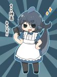  1girl apron black_eyes black_legwear blue_background blue_hair controller dress eyebrows_visible_through_hair full_body hand_on_hip holding maid master_sgt_mine open_mouth original remote_control sameido shark_fin shark_girl shark_tail sharp_teeth short_hair short_sleeves solo standing sunburst teeth thick_eyebrows translation_request white_apron 