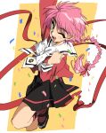  1girl black_skirt bow braid commentary_request hair_bow highres jumping magic_knight_rayearth one_eye_closed red_hair red_ribbon ribbon school_uniform shidou_hikaru shino_(2919) short_hair skirt 