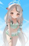  1girl absurdres animal_ears bikini bikini_skirt black_streaks blue_archive blue_halo bottle braid commentary_request flower_hairclip gingham_bikini gingham_clothes glass_bottle green_bikini grey_hair halo hand_on_own_knee highres holding holding_bottle kokona_(blue_archive) kokona_(swimsuit)_(blue_archive) long_hair low_twin_braids multicolored_hair navel odod1228 official_alternate_costume official_alternate_hairstyle plaid_bikini plaid_clothes ramune streaked_hair swimsuit tiger_ears tiger_girl twin_braids very_long_hair 