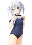  1girl aqua_eyes blue_one-piece_swimsuit breasts check_commentary closed_mouth clothes_lift commentary_request competition_school_swimsuit cowboy_shot grey_hair gym_shirt hair_between_eyes hands_up highres lifting_own_clothes looking_at_viewer one-piece_swimsuit original puffy_short_sleeves puffy_sleeves school_swimsuit shibacha shirt shirt_lift short_sleeves signature simple_background small_breasts smile solo standing swimsuit swimsuit_under_clothes twintails white_background white_shirt 