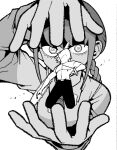  1boy 1girl braid chainsaw chainsaw_man collared_shirt commentary_request denji_(chainsaw_man) hands_up highres long_hair looking_at_viewer makima_(chainsaw_man) monochrome necktie nemaki_haru pants pull_cord ringed_eyes shirt short_hair sidelocks white_shirt 
