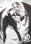  1girl absurdres alternate_costume antenna_hair arcueid_brunestud black_boots black_gloves black_thighhighs black_wings blonde_hair boots breasts commentary english_commentary fang floating full_body garter_straps gloves halloween halloween_costume high_heel_boots high_heels highres horns jonyeld knee_boots large_breasts open_mouth red_eyes short_hair skin_fang skindentation smile solo thighhighs tsukihime wings 