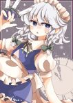  1girl analog_clock apron back_bow between_fingers blue_skirt blue_vest blush border bow braid clock collared_shirt commentary_request frilled_apron frills green_bow green_ribbon grey_background grey_hair hair_bow highres holding holding_knife izayoi_sakuya knife knives_between_fingers long_hair maid maid_headdress neck_ribbon open_mouth outside_border puffy_short_sleeves puffy_sleeves purple_border purple_eyes ribbon roman_numeral shirt short_sleeves skirt solo touhou tsumurikoto twin_braids vest waist_apron white_apron white_bow white_shirt 
