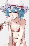  1boy 1girl absurdres alternate_costume arrow_(symbol) bikini blue_hair blush collarbone commentary_request cotan_(actancyaga) eating feeding flat_chest food food_in_mouth grey_background groin hair_between_eyes hat highres missing_wings mob_cap navel popsicle popsicle_in_mouth red_bikini red_eyes remilia_scarlet sexually_suggestive simple_background solo stomach sweat swimsuit touhou 